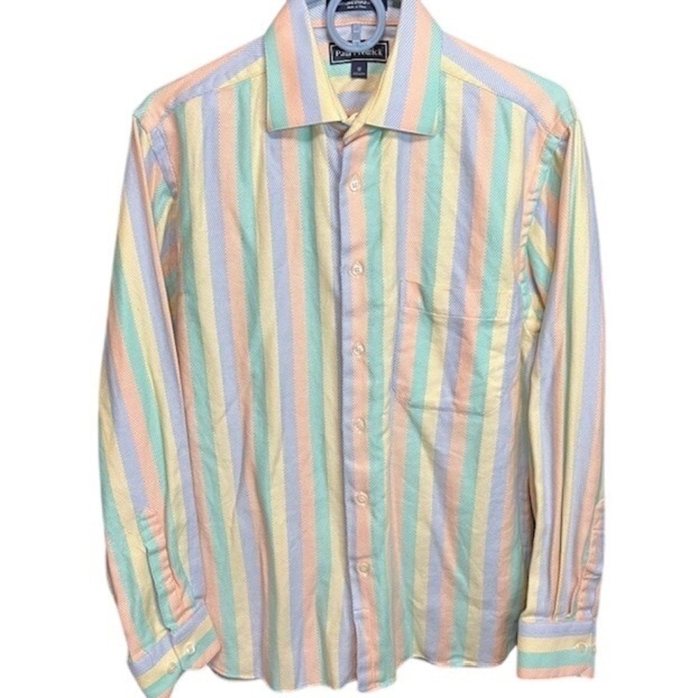Paul Fredrick Mens Medium Dress Shirt Striped Button Up Multicolor Pastel